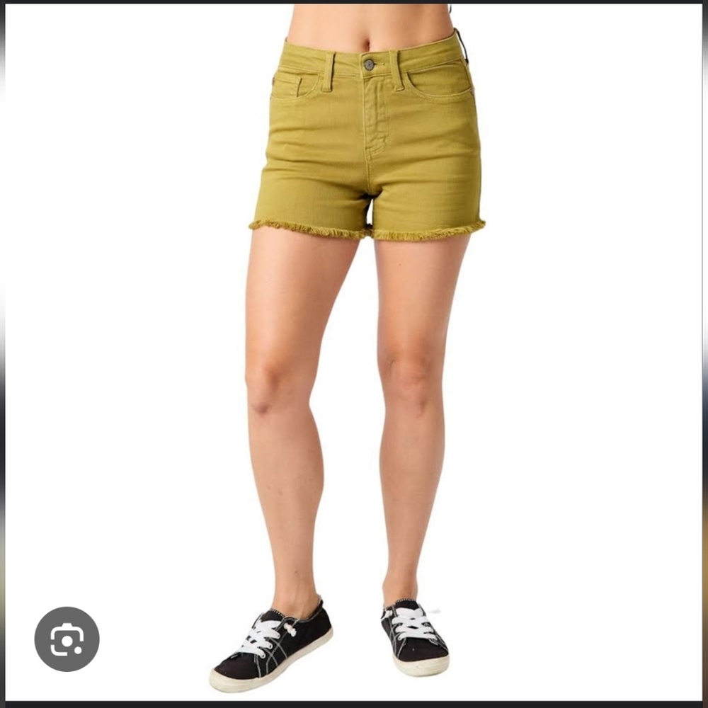 Judy Blue Tan Frayed Hem Green Jean Shorts